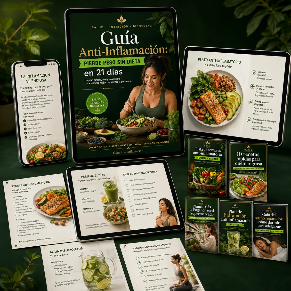 Mockup del producto con ebook, bonos, tablet y smartphone